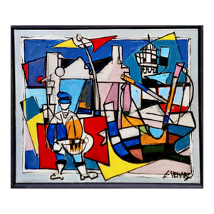 Claude Venard -the Lighthouse Caretaker -1960s Cubist Oil Painting