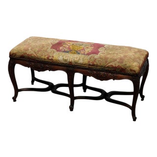 1890s Antique French Louis XIV Style Carved Walnut & Tapestry Long Bench For Sale