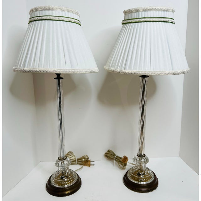 Antique pair of clear glass twisted stem table lamps woth beautiful silk clip on.shades. Height without shade 18.25” Shade...