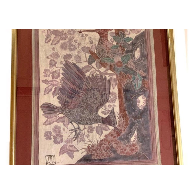 1980s Signed Custom Framed Asian Weaving With Flycatcher Bird Theme For Sale In New York - Image 6 of 10