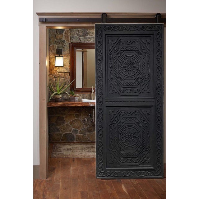 Hand-Carved Solid Wood Black Entry Door – Mediterranean Moroccan Panel Design For Sale - Image 10 of 10