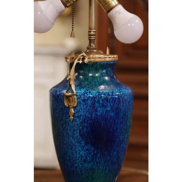 Mid-Century French Blue Glazed Ceramic and Bronze Urn Table Lamp For Sale - Image 9 of 10