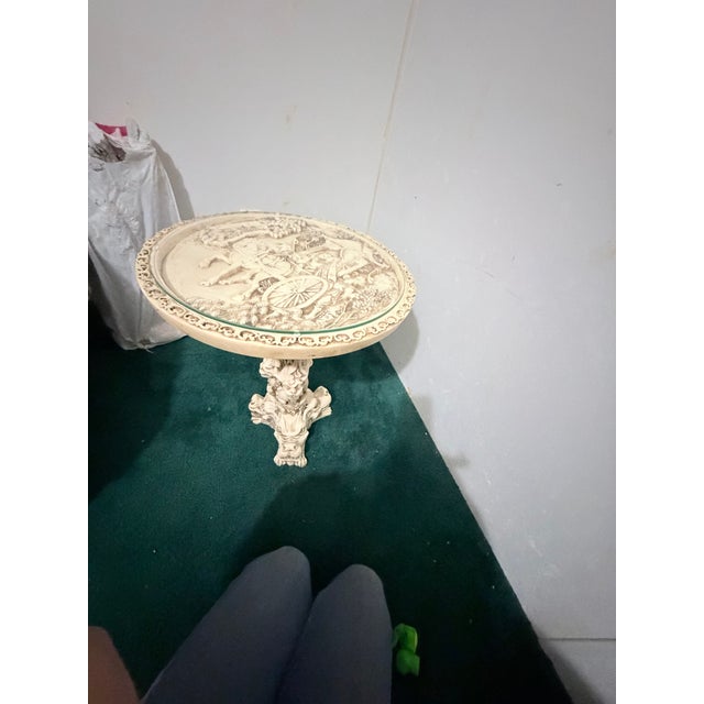 Vintage 1960s Asian Faux-Ivory Resin Opium Side Table - Intricate Relief Carving For Sale - Image 10 of 11