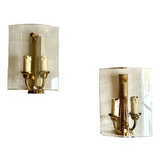 Vintage Art Deco Brass Lamps with Curved Glass Shades, 1970s, Set of 2 For Sale