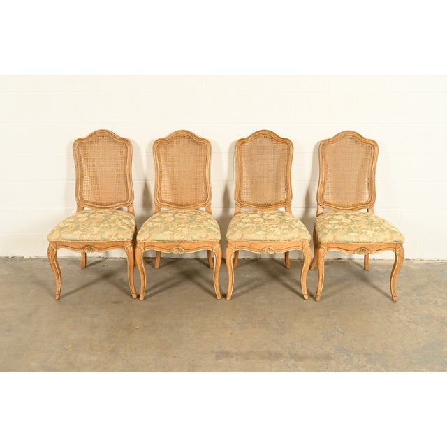 John Stuart John Stuart French Provincial Louis XV Carved Oak and Cane Back Side Chairs or Dining Chairs | Set of Four For Sale - Image 4 of 14