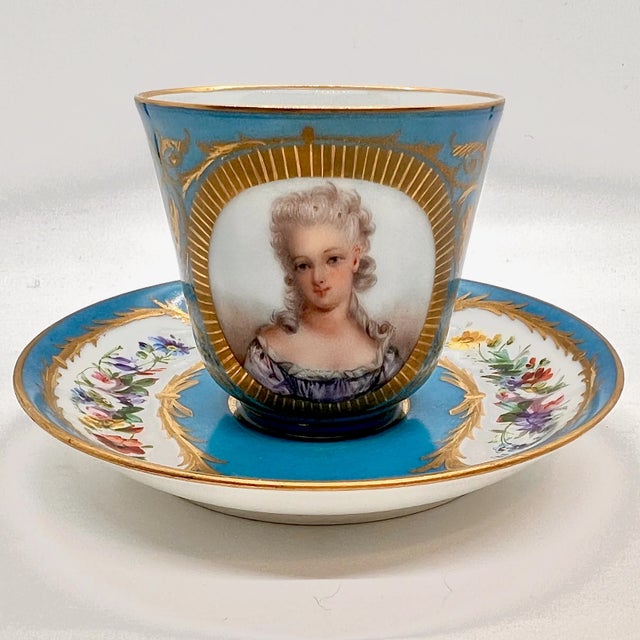 Antique Cup and Saucer with Hand-Painted Gilt Princess Portrait and Floral Panels from Sevres, 18th Century, Set of 2 For Sale - Image 6 of 13