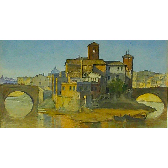 Italian Early 20th Century At the Tip of Two Canals" Original Watercolor Painting, Framed For Sale - Image 3 of 4