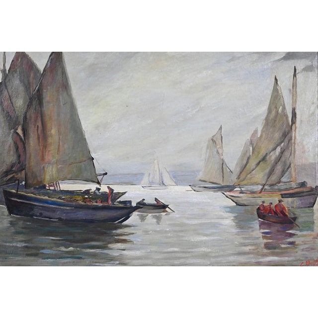 Bustad, Painting Sailboats on a Calm Sea, 1928, Oil on Canvas For Sale - Image 6 of 15