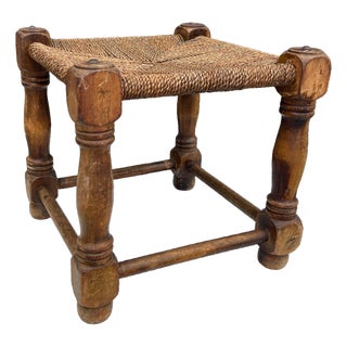 1940s English Country Oak and Rush Footstool For Sale