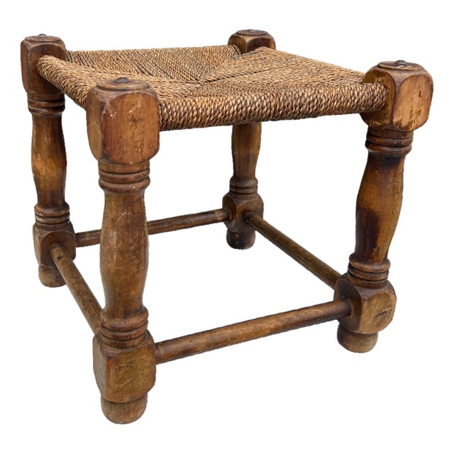 1940s English Country Oak and Rush Footstool For Sale