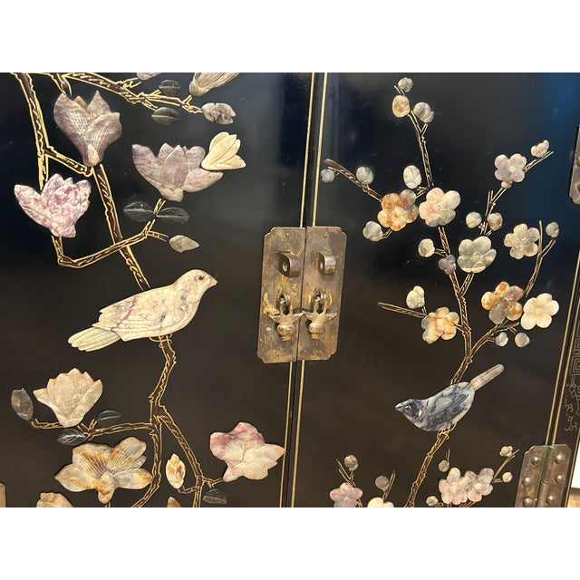 Wood Late 20th Century Chinese Lacquered Hardstone & Soapstone Inlay Chinoiserie Cabinet Bird & Floral Motif For Sale - Image 7 of 9