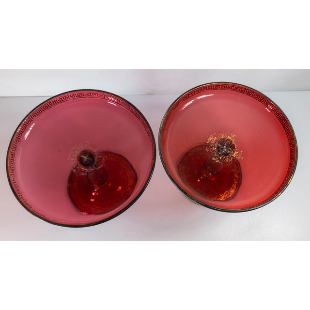 19th Century Pair of Bohemian Red Cranberry Glass Centerpiece Compotes or Tazza For Sale - Image 11 of 16