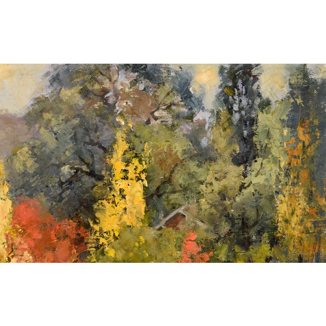 Impressionist Autumn at the Cottage in the Woods - Landscape in Oil on Masonite by Evelyn Campbell For Sale - Image 3 of 5