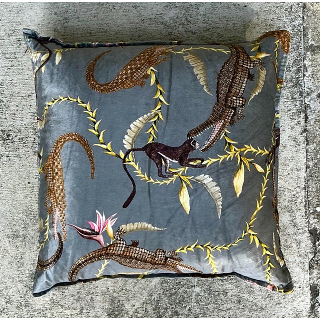 Vintage River Chase Printed Velvet Pillow For Sale - Image 4 of 12