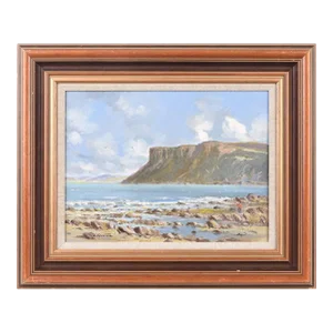 Vintage Coastal Mountain Cliff Beach Scene Northern Ireland by 20th Century Irish Artist, 1975 Circa
