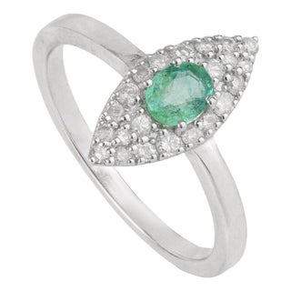 Diamond Studded Regal Emerald Engagement Ring With Marquise Halo, Size 7 For Sale