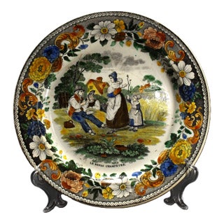 1830s Creil L &T French Faience Polychrome Transfer Plate "Le Repas Champetre" For Sale