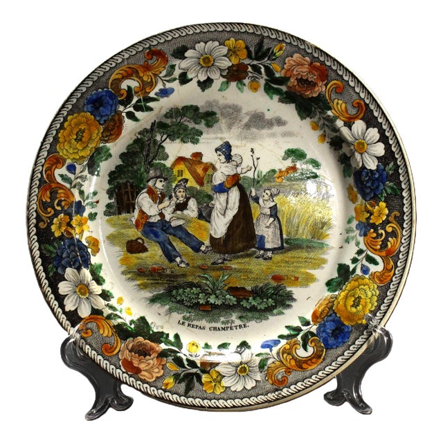 1830s Creil L &T French Faience Polychrome Transfer Plate "Le Repas Champetre" For Sale