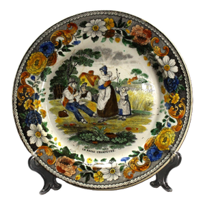 1830s Creil L &T French Faience Polychrome Transfer Plate "Le Repas Champetre"