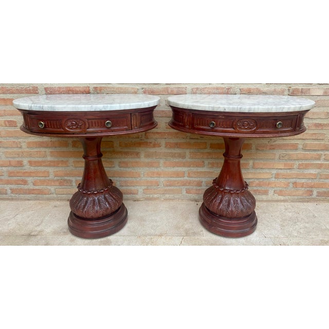 Carved Wood Demi Lune Nightstands with Marble Top, 1940, Set of 2 For Sale - Image 17 of 18