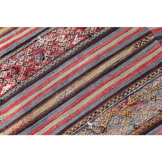 Mid 20th Century Vintage Turkish Kilim With Horizontal Stripes and Tribal Motifs in Bright Tones For Sale - Image 12 of 12