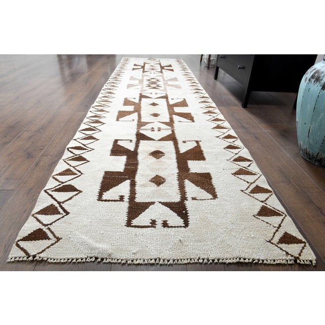 Beige 1970s Vintage Handmade Wool Cotton Beige Brown Runner Rug For Sale - Image 8 of 11