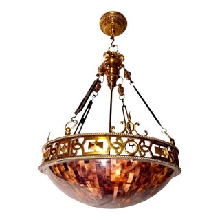 1980s Authentic Maitland-Smith Ornate Brass and Iron Empire Style Chandelier With a Penshell Inlaid Bowl For Sale