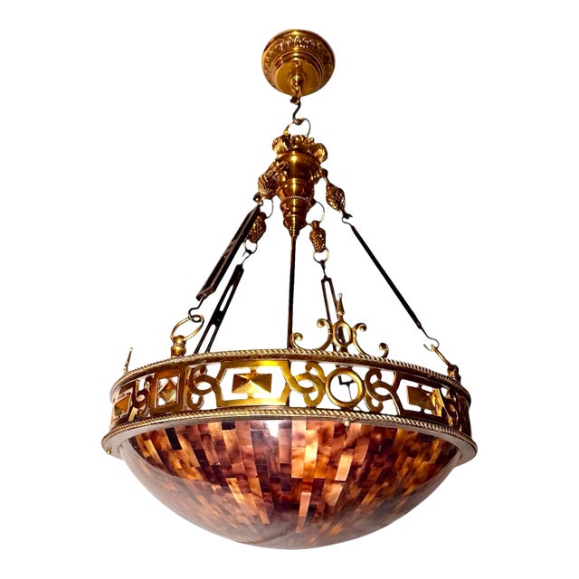 1980s Authentic Maitland-Smith Ornate Brass and Iron Empire Style Chandelier With a Penshell Inlaid Bowl For Sale