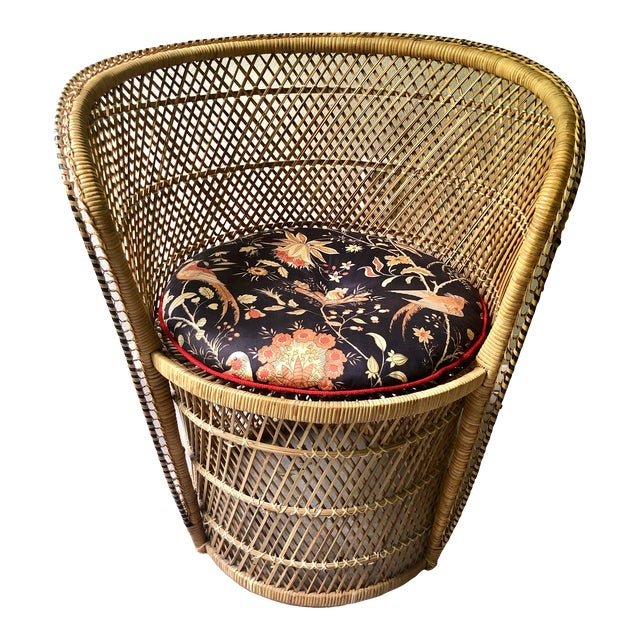 Vintage MidCentury Barrel Wicker Chair With Custom 70s Cushion Chairish