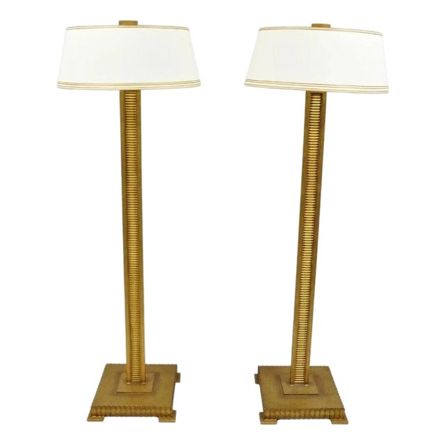 Decorator Fine Art Lamps Gold Gilt Metal Skyscraper Modern Floor Lamps - A Pair For Sale
