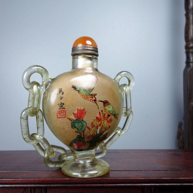 Early 21st Century Hand-Painted Glass Snuff Bottle With Chain and Bird Motif For Sale - Image 5 of 9