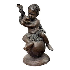 1980s Charming Patinated Bronze Putto on Sphere Fountain Figure
