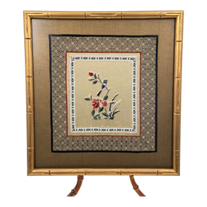 1950s Framed Chinese Silk Embroidery Bird & Flowers, Gold Bamboo Frame 16x15