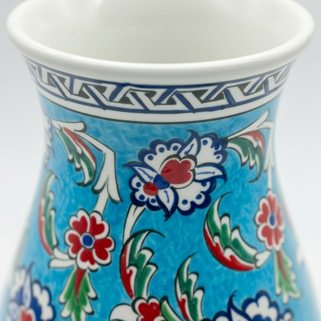 2020s Handmade Ceramic Pear Vase (20cm) – Vibrant Aegean Turquoise – Geometric Meander Rim & Red Florals For Sale - Image 5 of 10