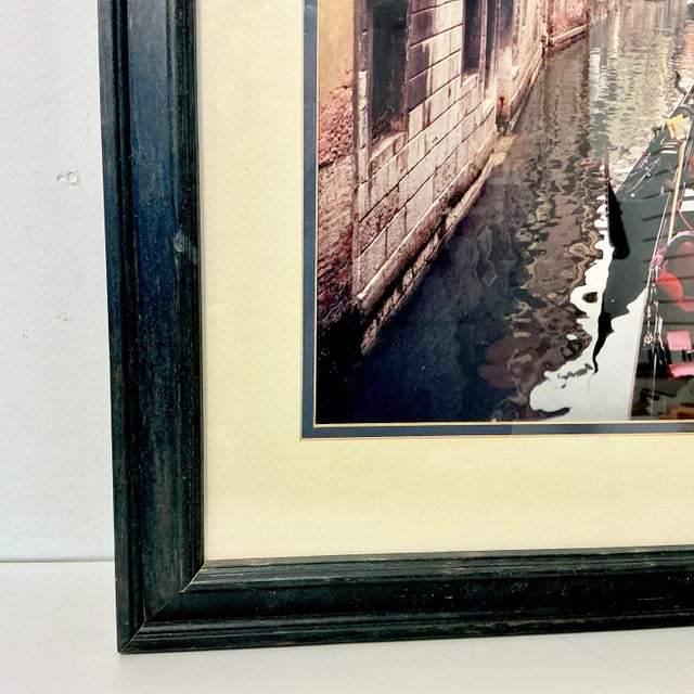 1980s Vintage Italian Boho Chic Cityscape Canal With Red Gondola at Dock Framed Photography For Sale - Image 12 of 18