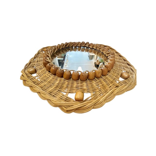 French Mid-Century Sunburst Rattan & Wood Bead Round Wall Mirror For Sale - Image 10 of 13
