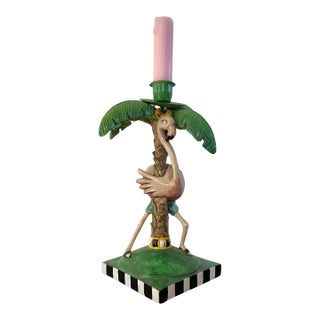 1990s Whimsical Flamingo Under Palm Tree Candle Holder For Sale