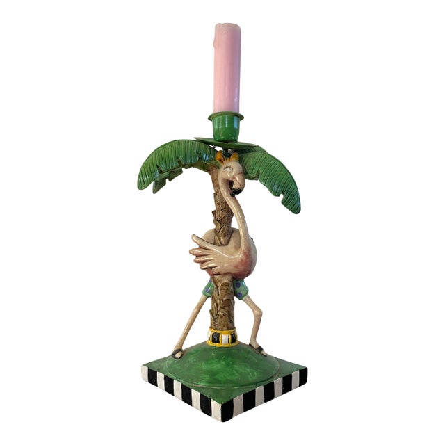 1990s Whimsical Flamingo Under Palm Tree Candle Holder For Sale