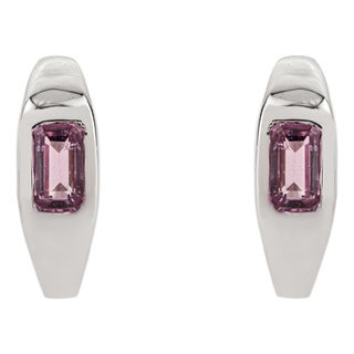 Geometric Emerald-Cut Natural Pink Sapphire Huggie Hoop Earrings 14k White Gold- A Pair For Sale