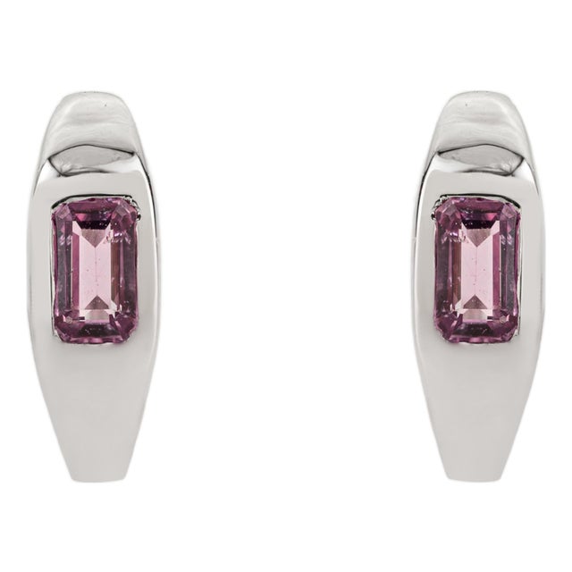 Geometric Emerald-Cut Natural Pink Sapphire Huggie Hoop Earrings 14k White Gold- A Pair For Sale