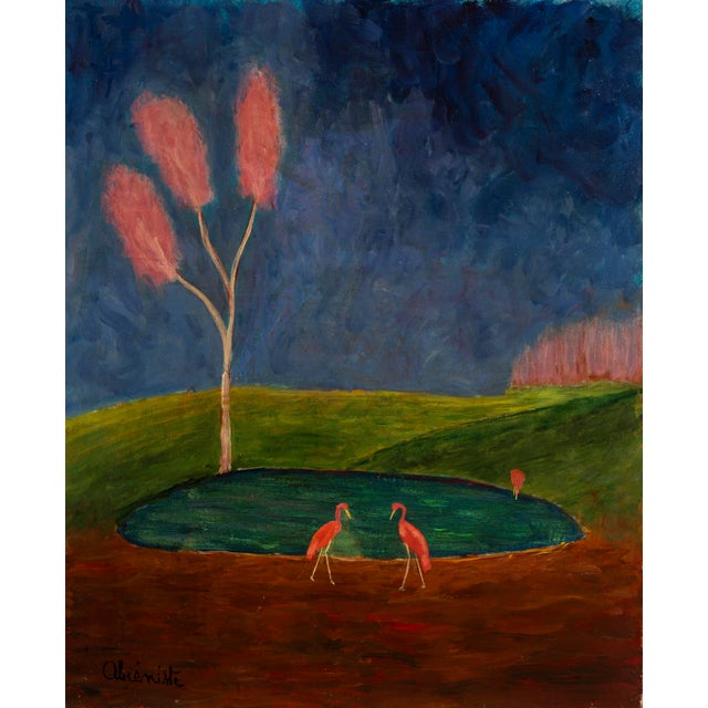 Jean-Jacques Abiéniste, Flamingos by a Pond under a Pink Tree, Oil on Canvas For Sale - Image 13 of 13