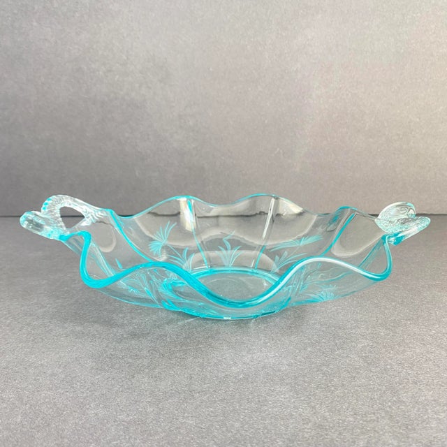 Vintage Fenton Dolphin Glass Aquamarine Blue Handled Dish Etched Bowl Koi Fish Sea Creature For Sale - Image 6 of 13