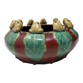Vintage Majolica Style Red Lilly Pond With 10 Frogs Perched on Edge. For Sale