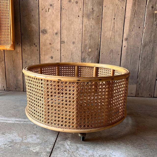 Round Cane and Bamboo Plant Holder on Wheels For Sale - Image 4 of 6