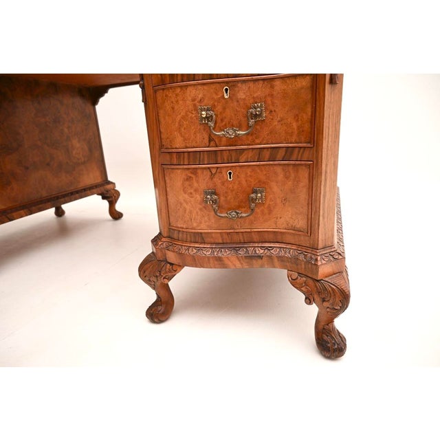 Antique Burr Walnut Pedestal Desk with Leather Top, 1900 For Sale - Image 9 of 11