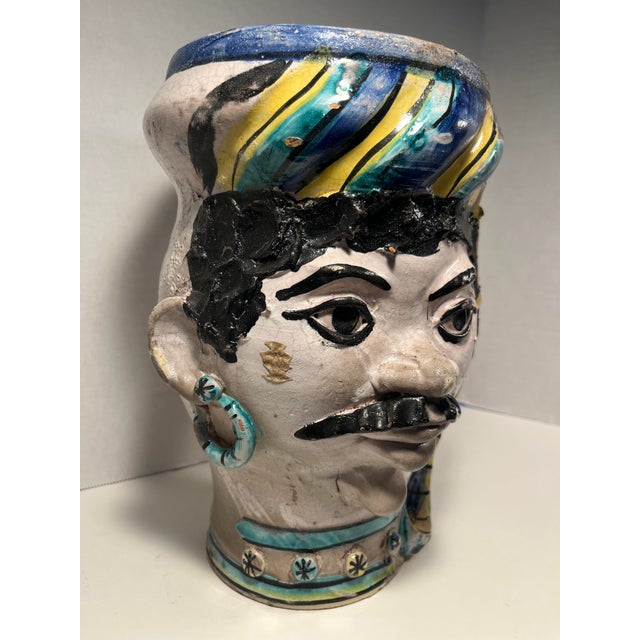 Circa 1950s Sicilian Majolica Moor Head Hand Made Ceramic Vase Aprox. dimensions: 10.5"H x 7" diameter Very good original...