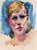 This watercolor on paper presents an expressive portrait characterized by fluid brushstrokes and vibrant washes of blue...