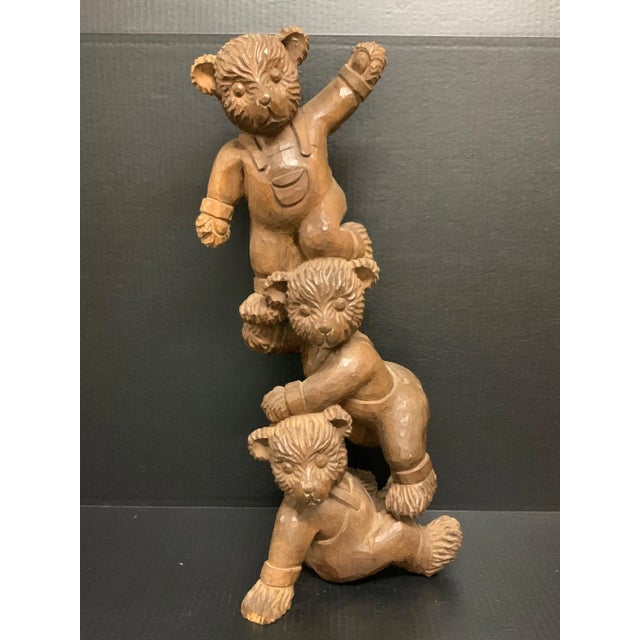 Vintage Carved Solid Wood Three Acrobatic Teddy Bear Sculpture For Sale - Image 9 of 11