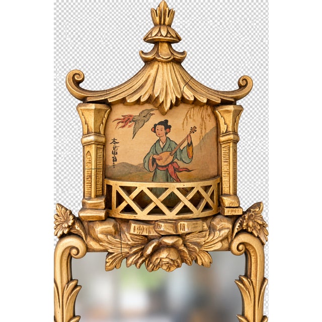 Chinoiserie Antique European Chinoiserie Hand Carved Gilt Pagoda Wall Mirrors - A Pair For Sale - Image 3 of 8