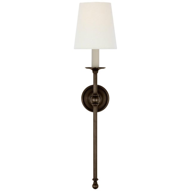 Classic 27" Tail Sconce in Bronze with Linen Shade Designer: Chapman & Myers Finish: Bronze Height: 28.25" Width: 6.5"...
